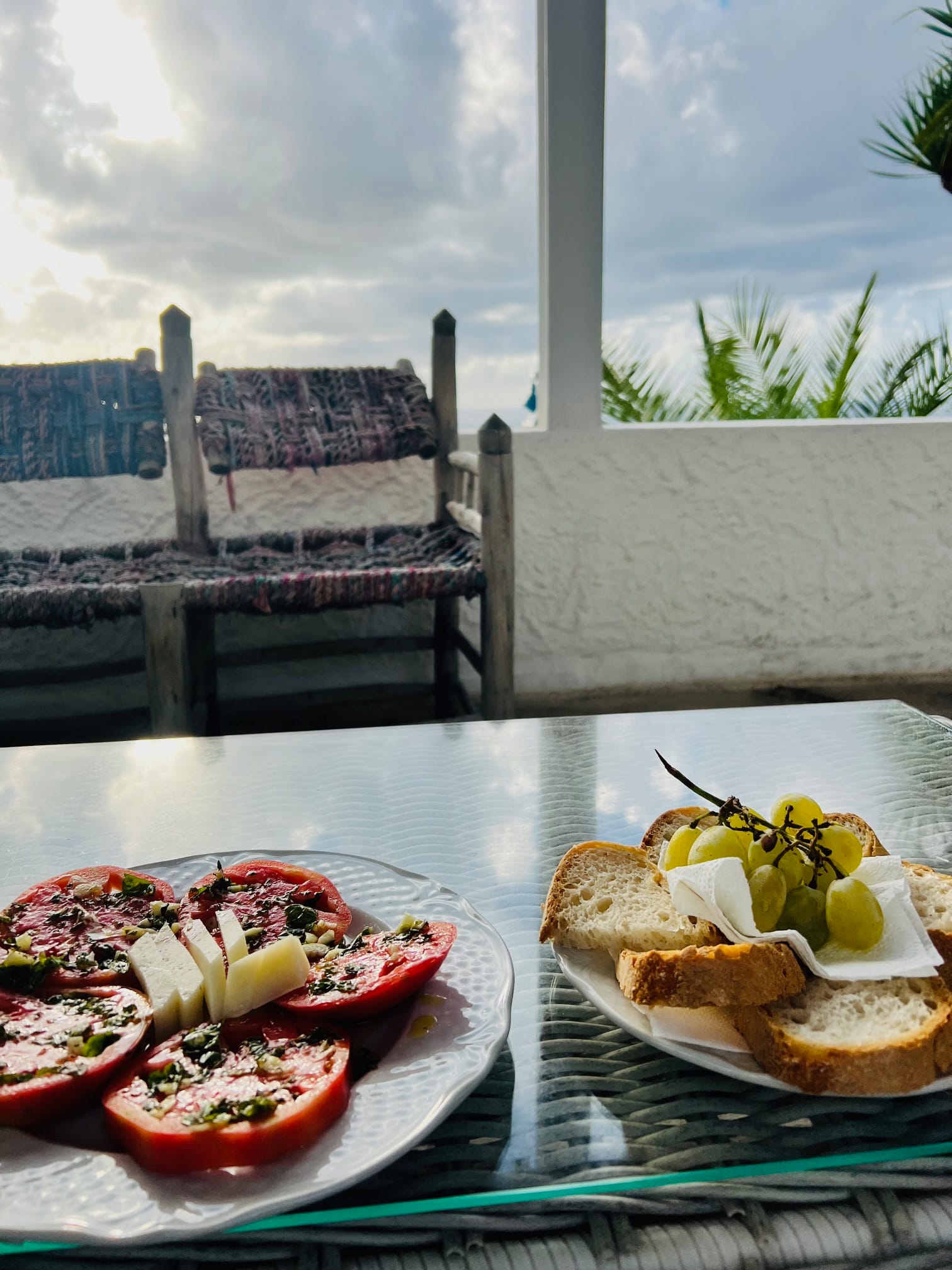 Local tomatoes, cheese, fresh bread and grapes from the island of Ischia. 